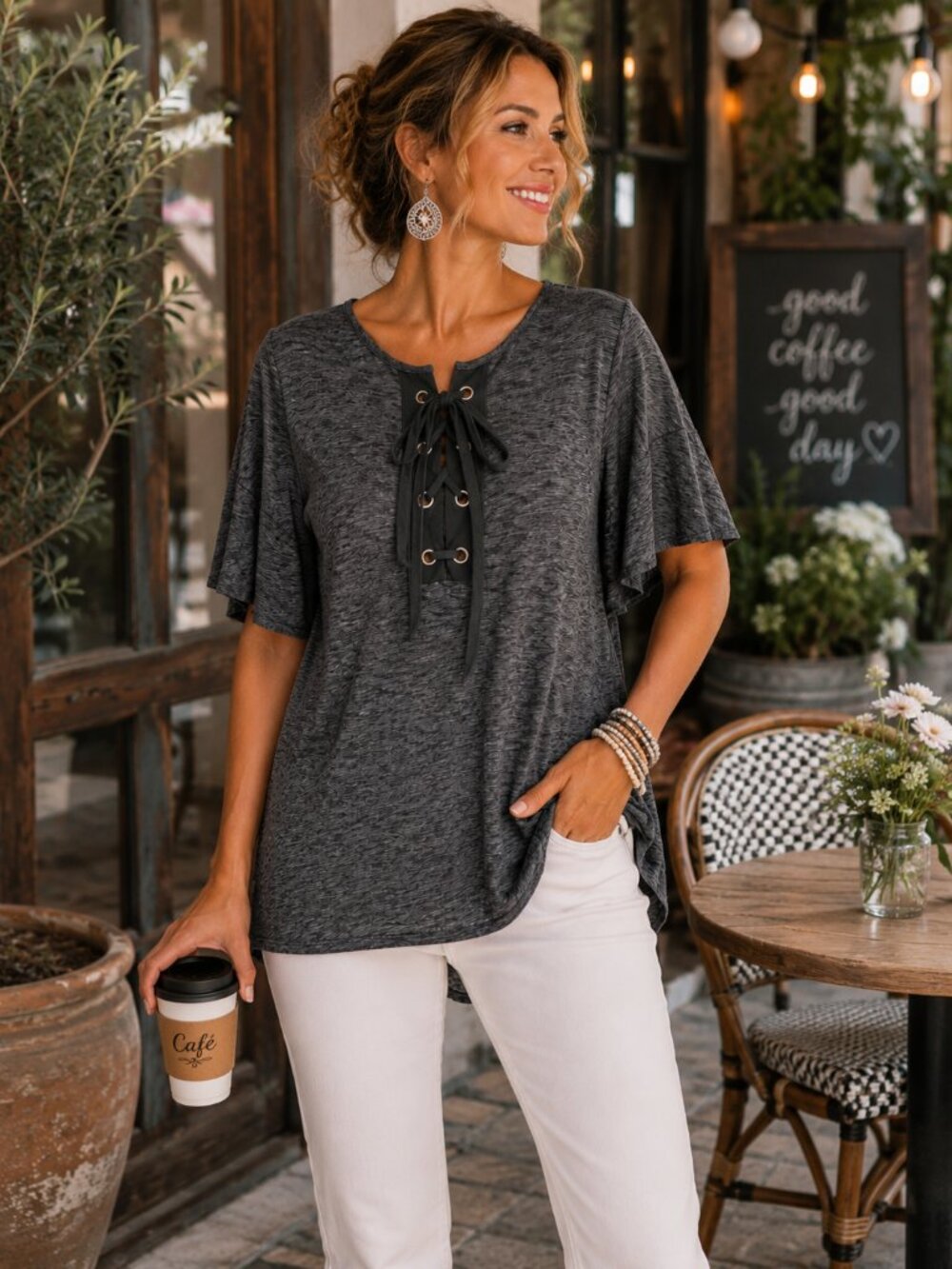 Umgee Gray Criss-Cross Tie Top | Size M/L | Flowy Short Sleeve | Casual Chic